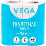 Бумага туалетная 2-слойная, 15м,  4шт. тиснение, белая, 100% целлюлоза "Vega" 315618