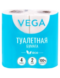 Бумага туалетная 2-слойная, 15м,  4шт. тиснение, белая, 100% целлюлоза "Vega" 315618